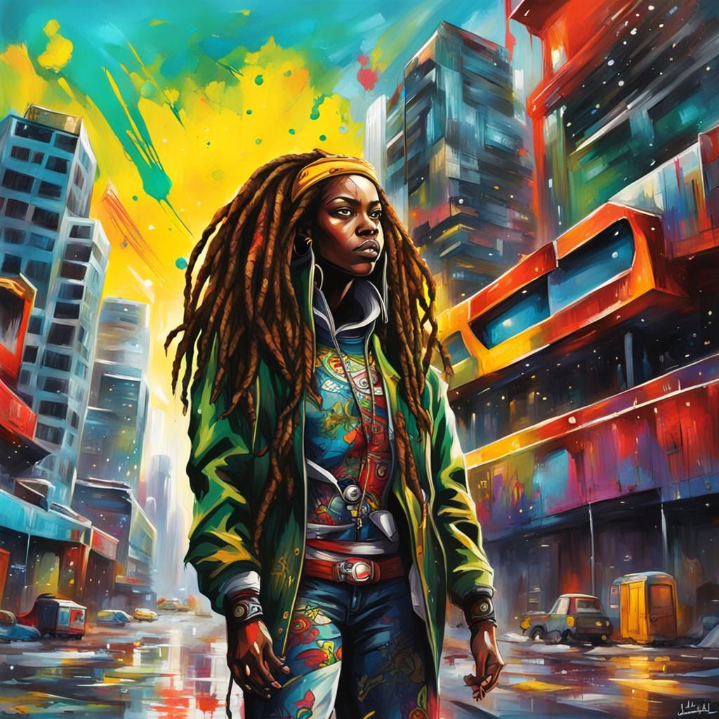 Futuristic African Superhero in Graffiti Art Style