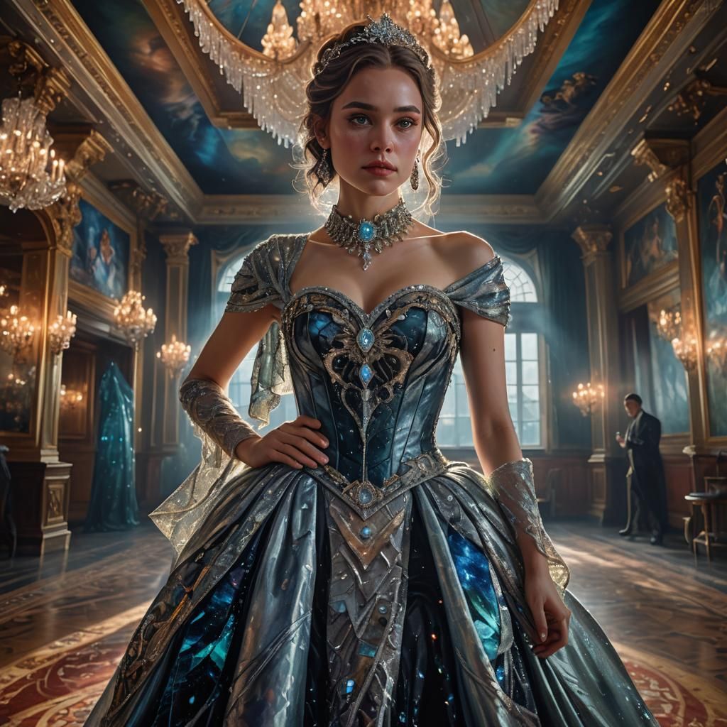 Woman in Crystal Dress in Lavish Ballroom