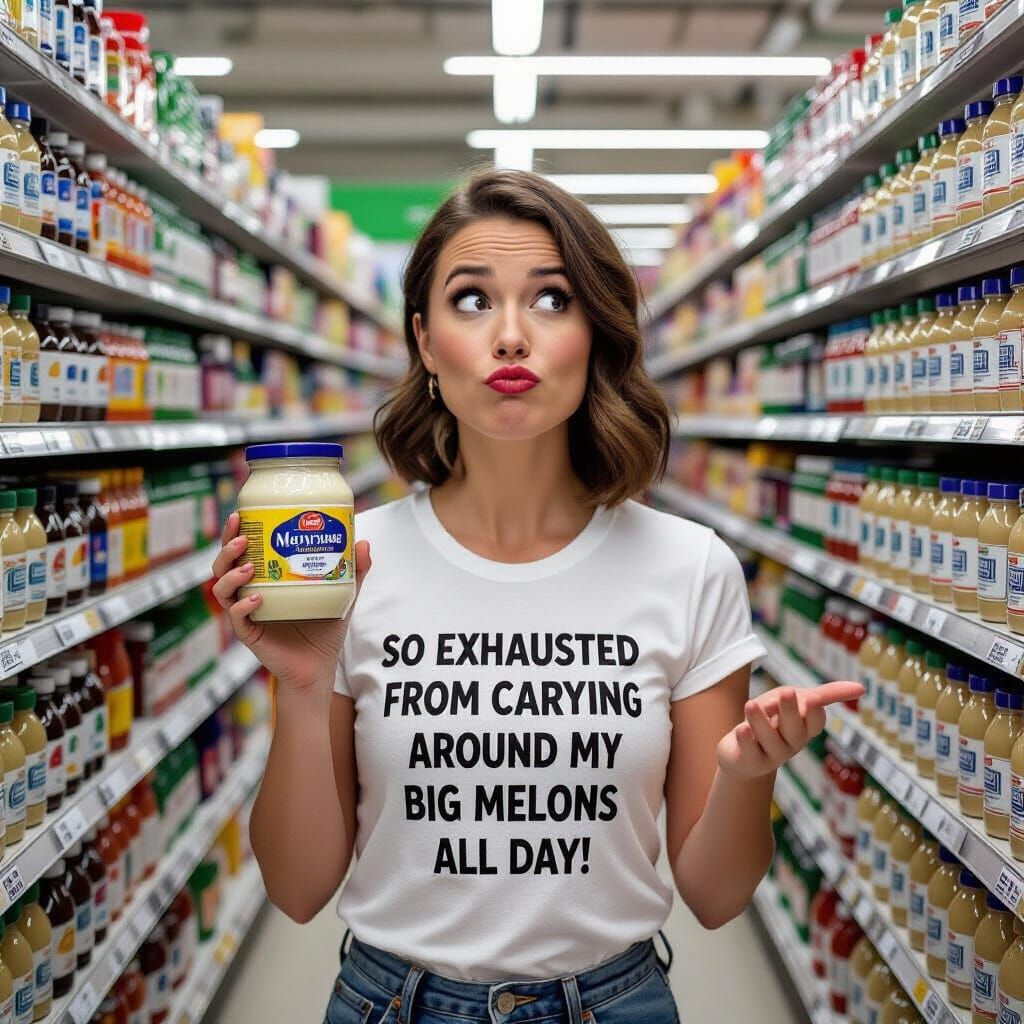 Woman Ponders Mayonnaise in Humorous Supermarket Photo