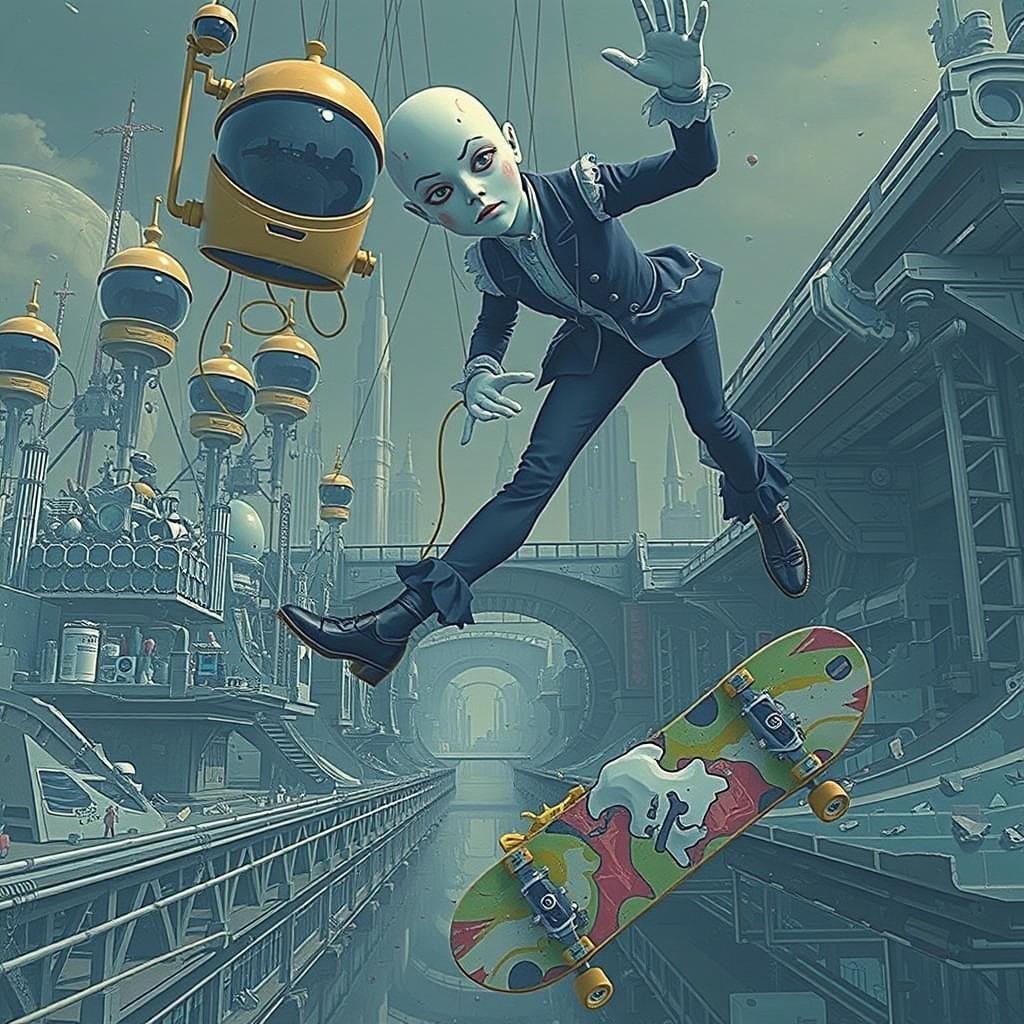Marionette Skateboarding Over Crystalline Metropolis in Pop-...