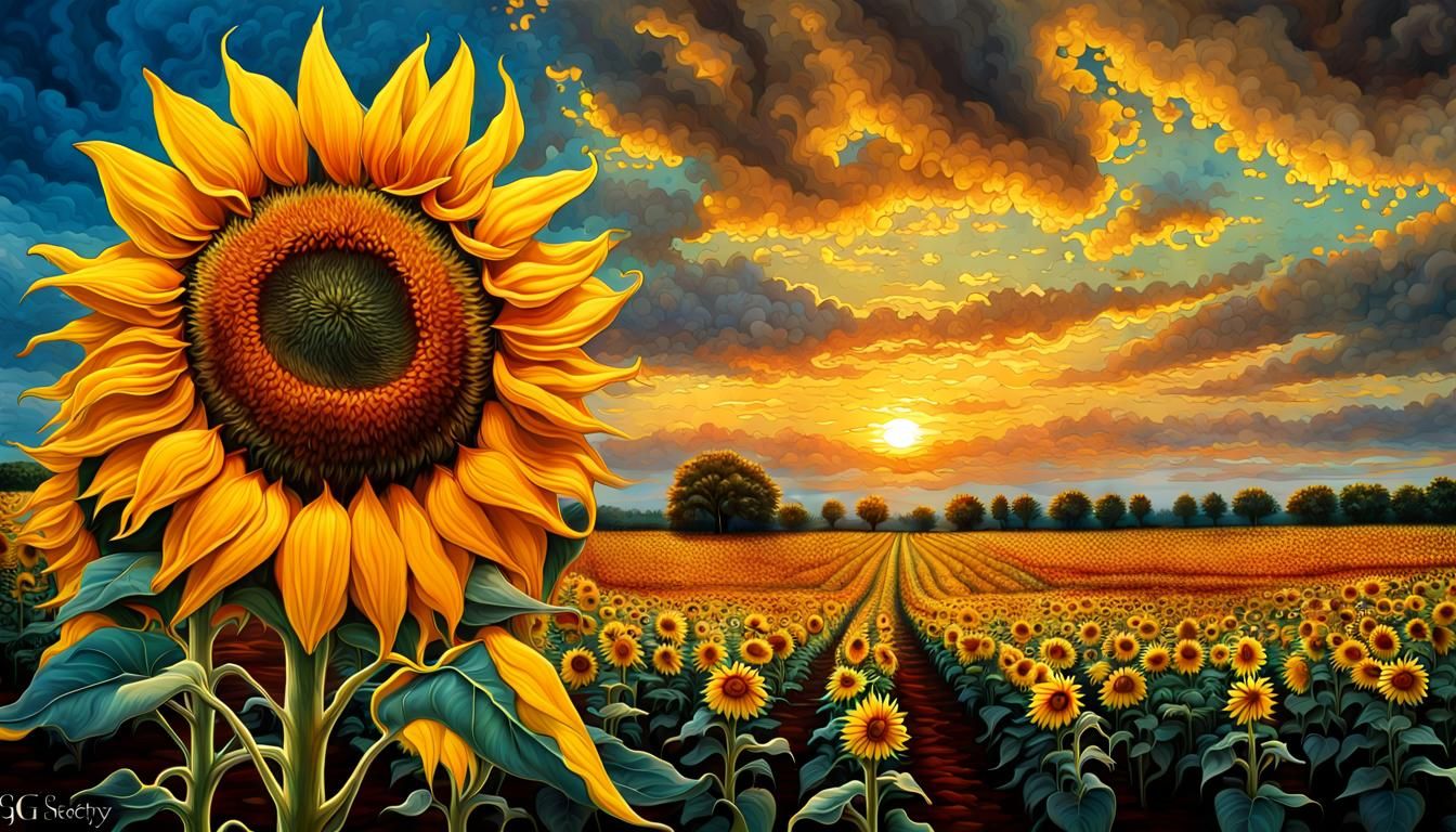 Hyperrealistic Field of Sunflowers in Oil Gouache Style