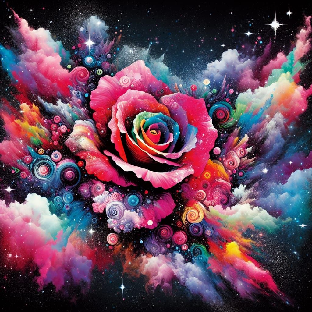 Celestial Kaleidoscope Rose in Splash Art Style