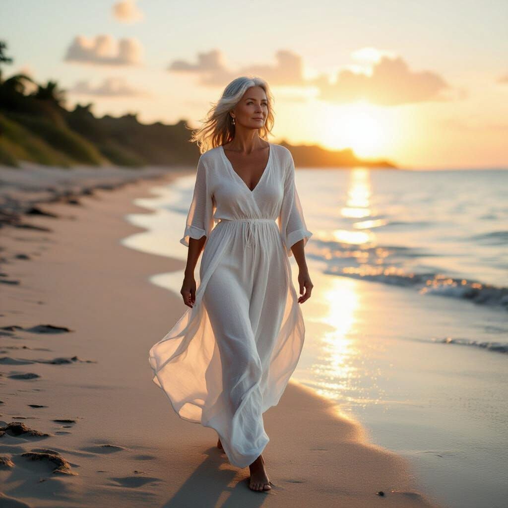 Elegant Older Woman on Sunset Beach in Cinematic Style