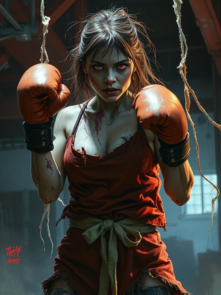 Zombie Boxer in Warehouse: Abstract Art Style