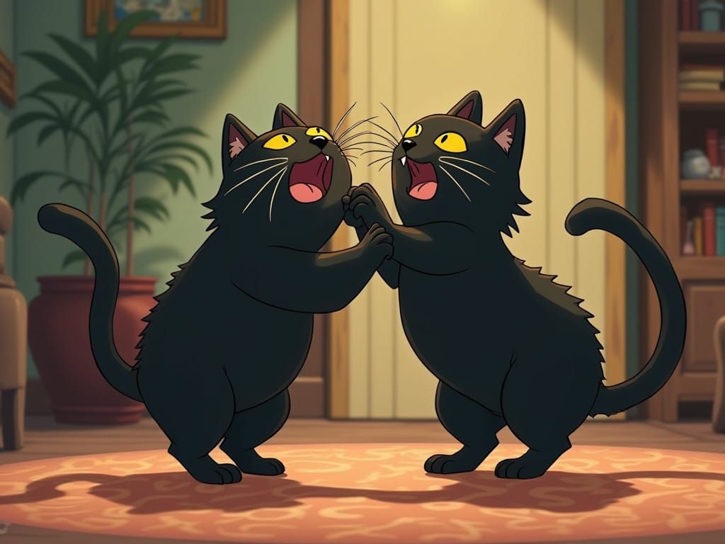 Vibrant Studio Ghibli-Style Cats Clash in a Kaleidoscopic Ro...