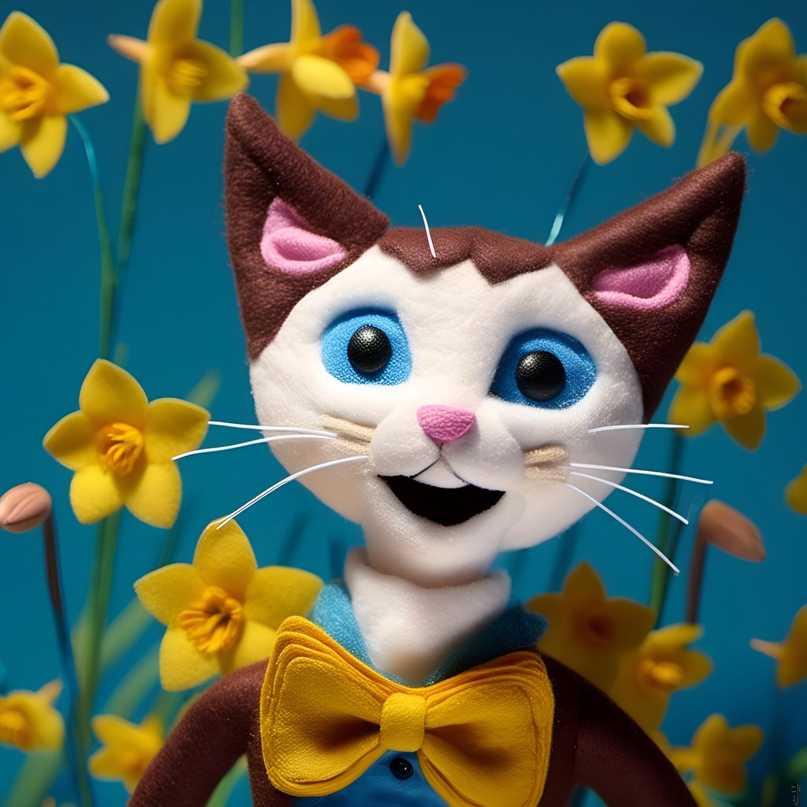 Smiling Felt Puppet with Daffodils, Detailed Matte Painting