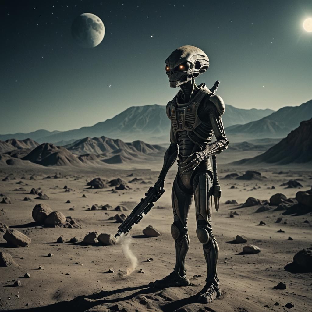 Alien Smoking on the Moon: Cinematic Film Still