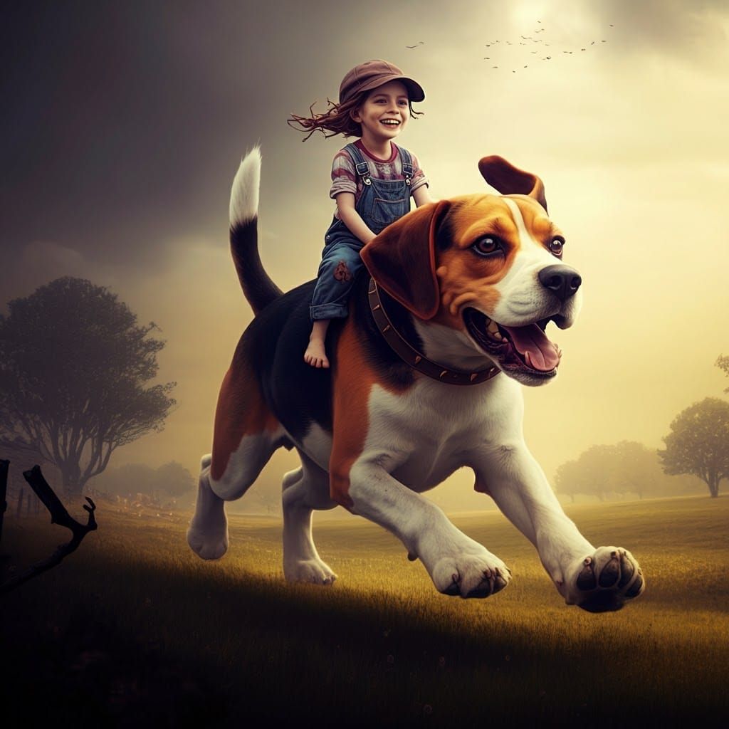 Girl Rides Giant Beagle: Dark Fantasy Concept Art
