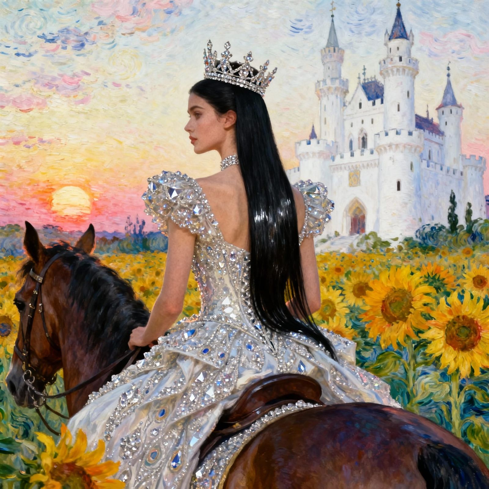 Queen on Horseback in Sunset Castle, Impressionist Style