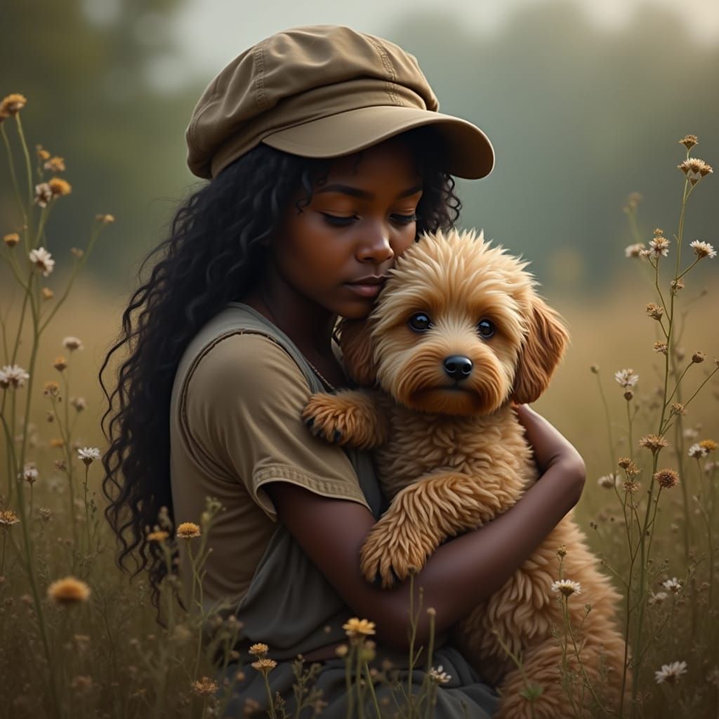 Woman Hugs Fluffy Dog in Ethereal Mist
