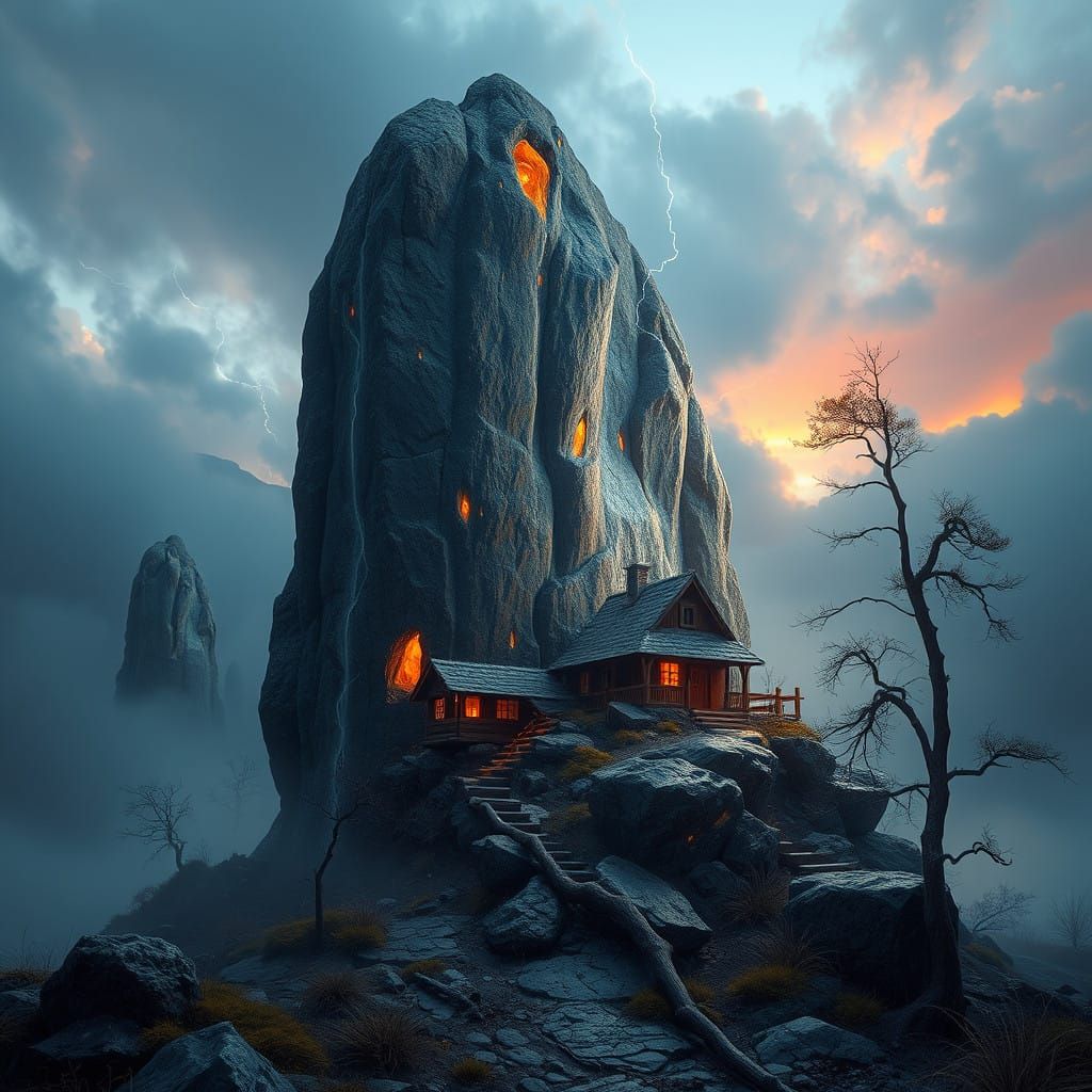 Mystical Landscape Sculpture in Golden Hour Lighting