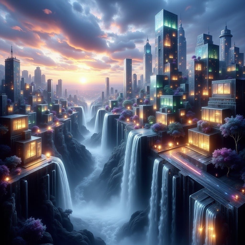 Surreal Twilight Cityscape of Floating Glass Buildings