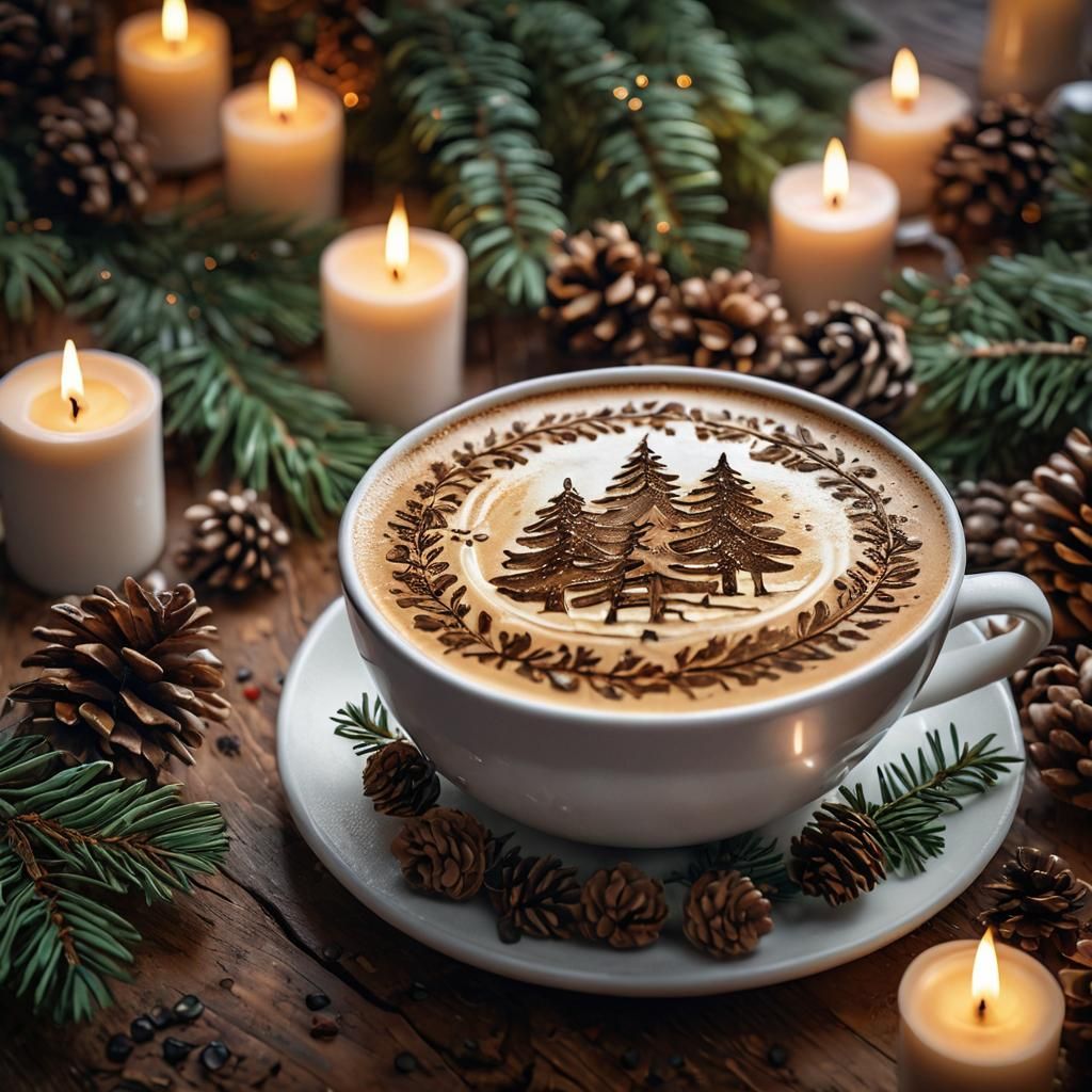 Christmas Latte with Landscape Art, Oil Painting