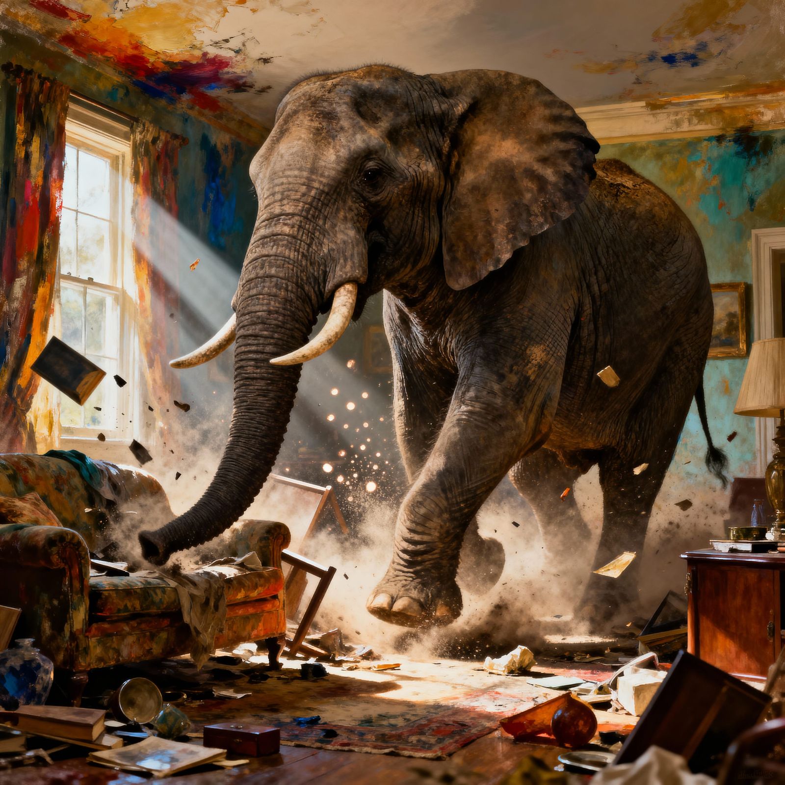 Furious Elephant Destroys Living Room