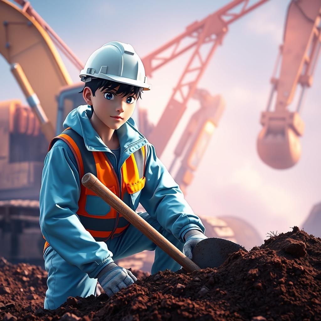 3D Anime Construction Worker Excavating with Shovel
