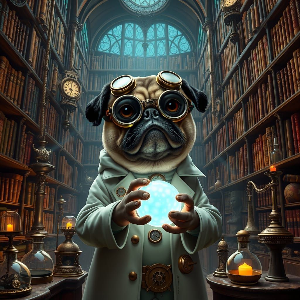 Steampunk Pug Professor in Grand Library