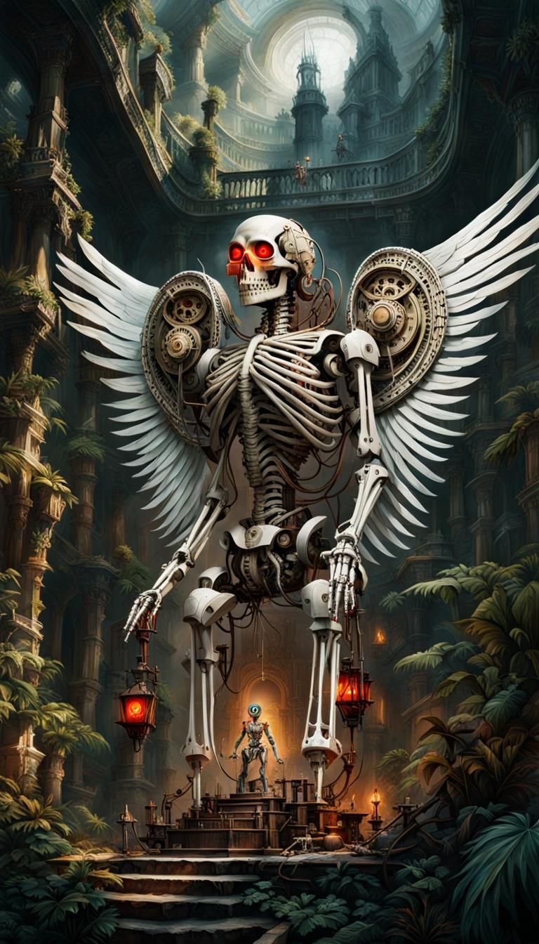 Giant Mechanical Angel Skeleton in Jungle Ruins