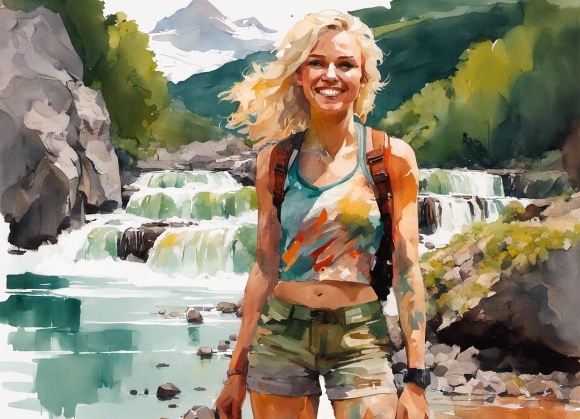 Smiling Blonde Tourist at Rhine Falls Watercolor