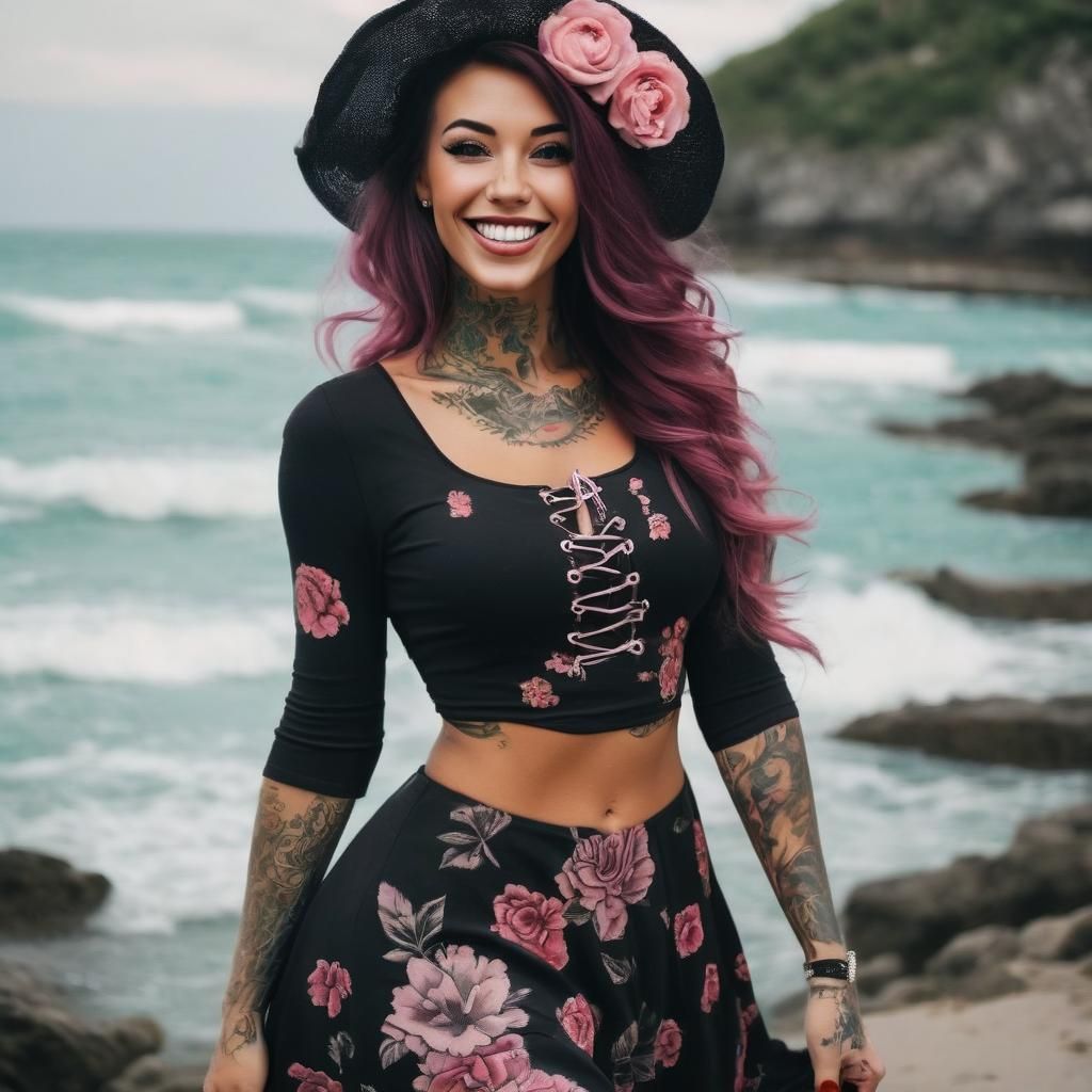 Tattooed Pirate Girl in Pink Dress