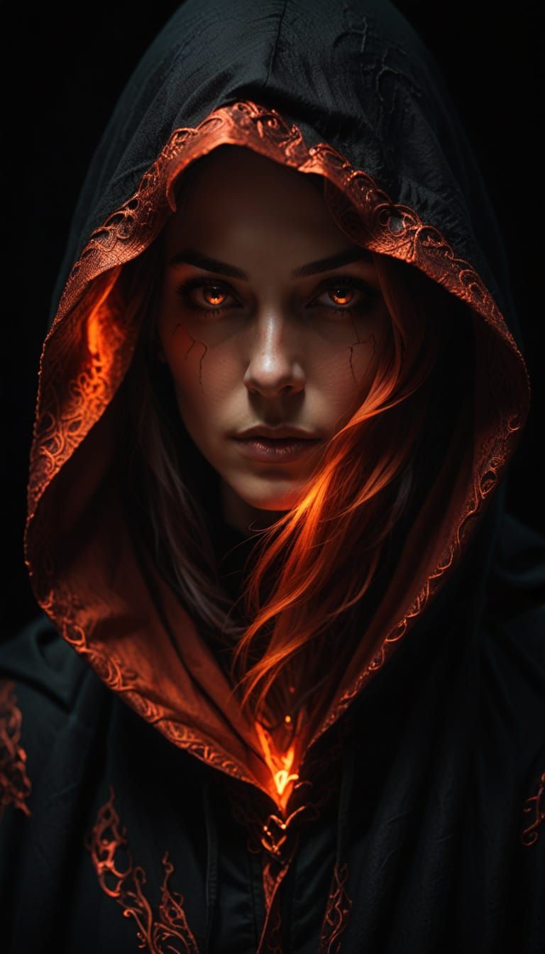 Intense Dark Fantasy Portrait with Glowing Hood