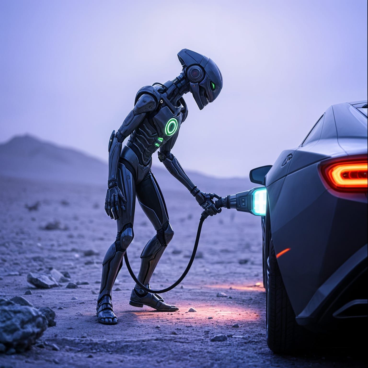 Futuristic Humanoid Charges Vehicle on Alien Planet