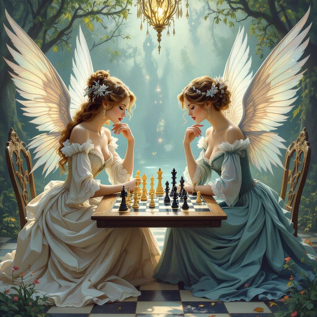 Winged Women Play Chess in Dreamlike Fantasy