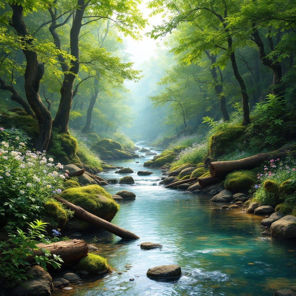 Lush Forest Landscape with Winding River and Wildflowers