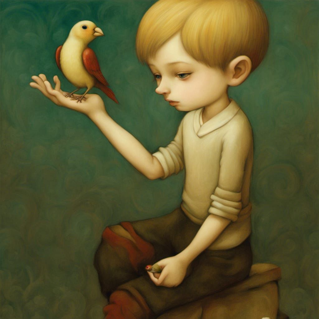 Boy with Bird, in Lacombe Illustration Style