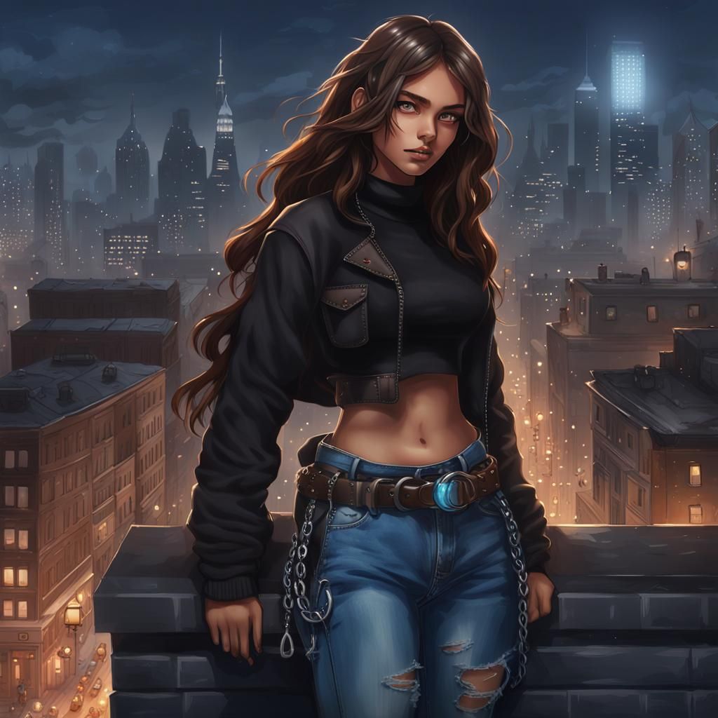 Realistic Brunette Girl in Cityscape, Hyperdetailed Art