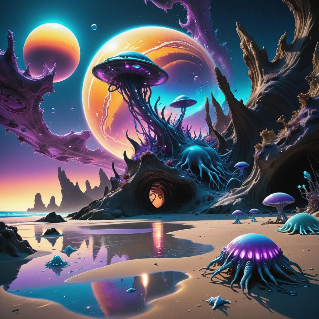 Bioluminescent Alien Coastline in Matte Painting Style