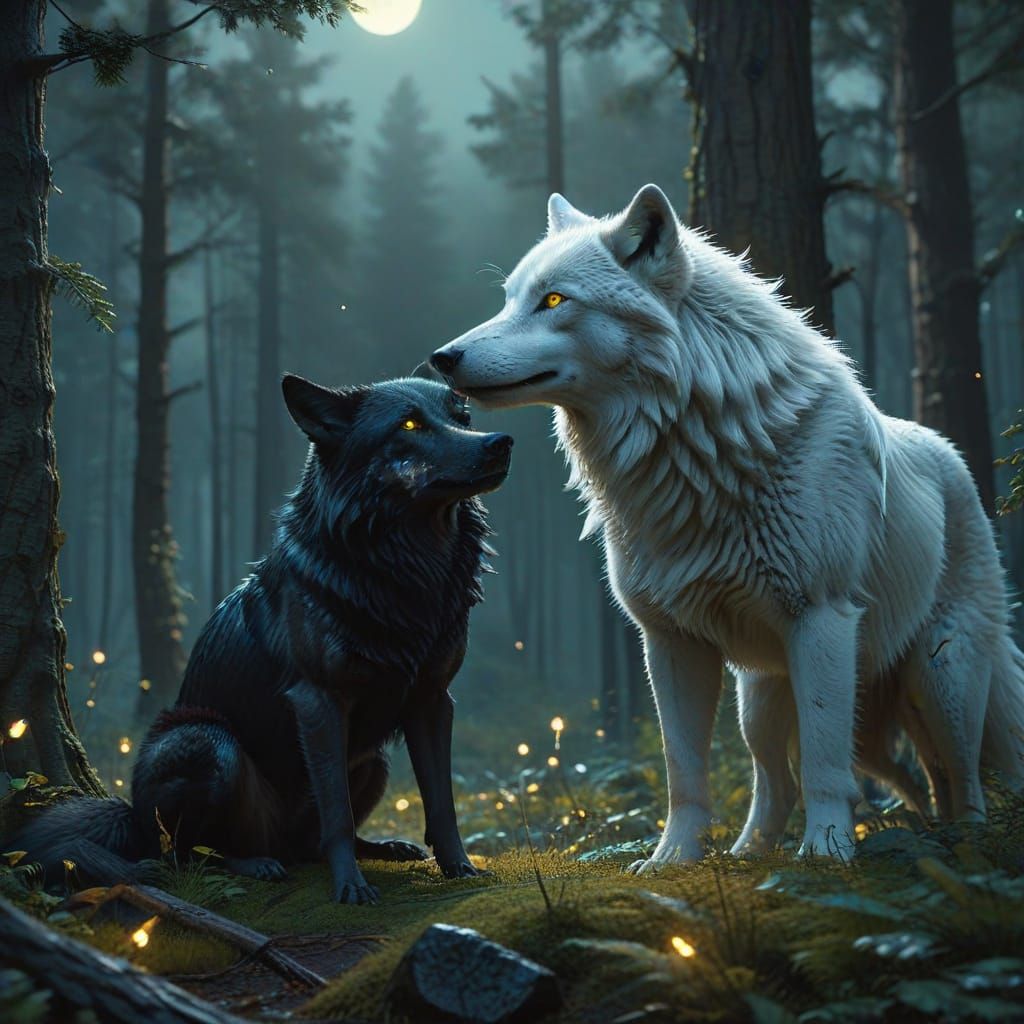 Regal Wolves Gaze Up at the Full Moon in a Vibrant Fantasy L...
