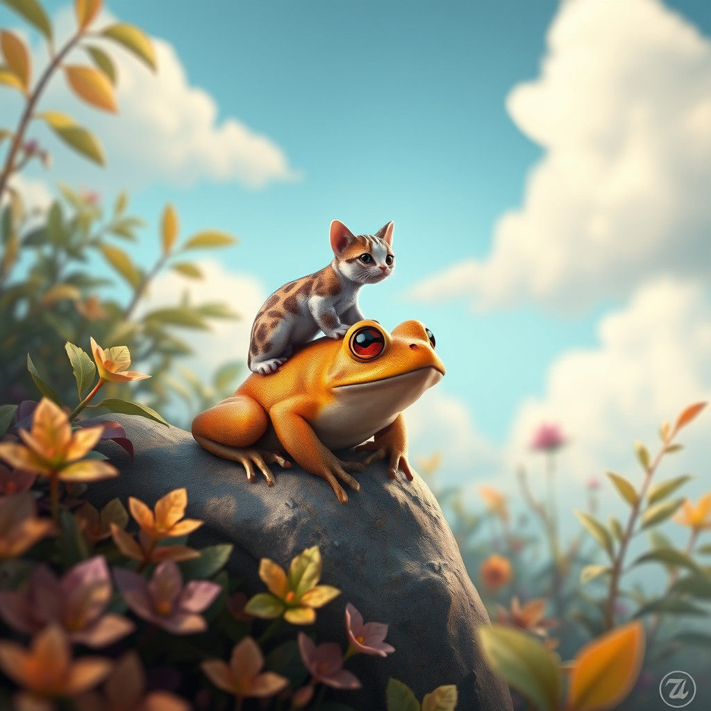 Frog and Cat in Dreamlike Matte Painting