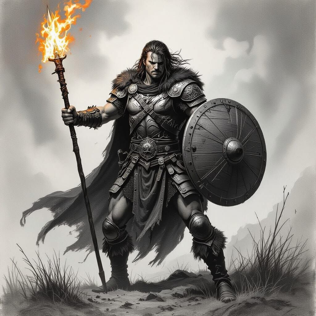 Orlanthi Warrior with Flaming Spear: Charcoal Drawing