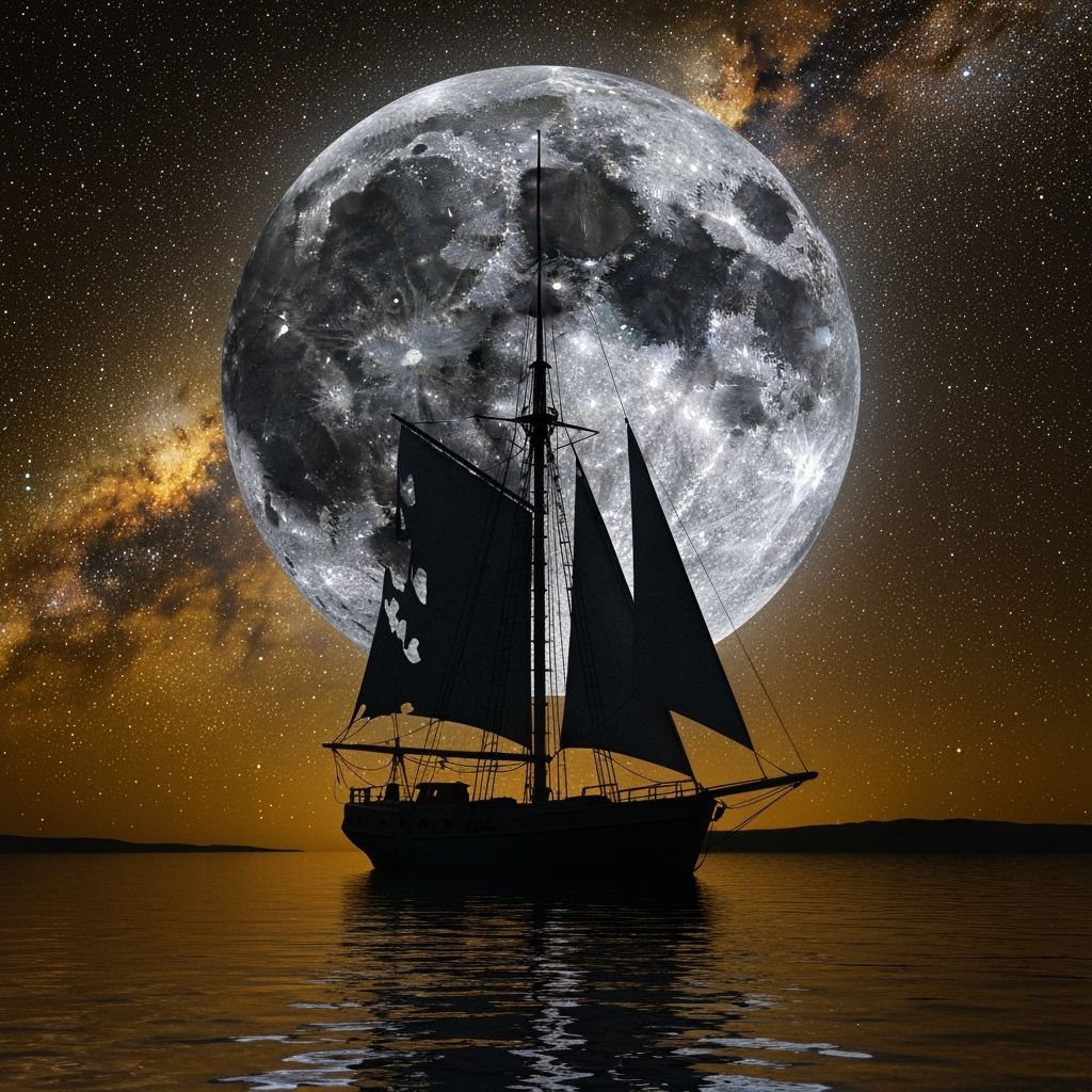 Sailboat Silhouette Under Silver Moon: Impressionist Neon Pa...