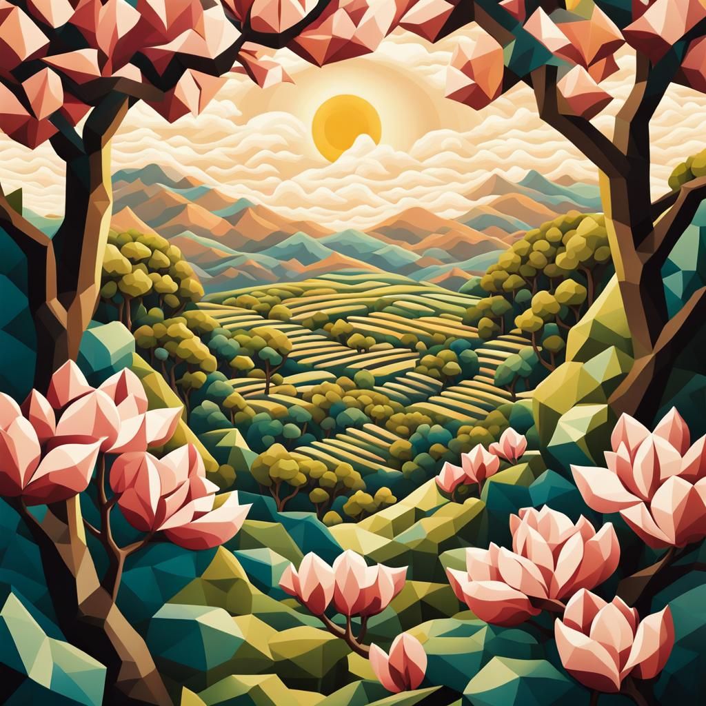 Escher-esque Tessellated Landscape with Magnolia Trees