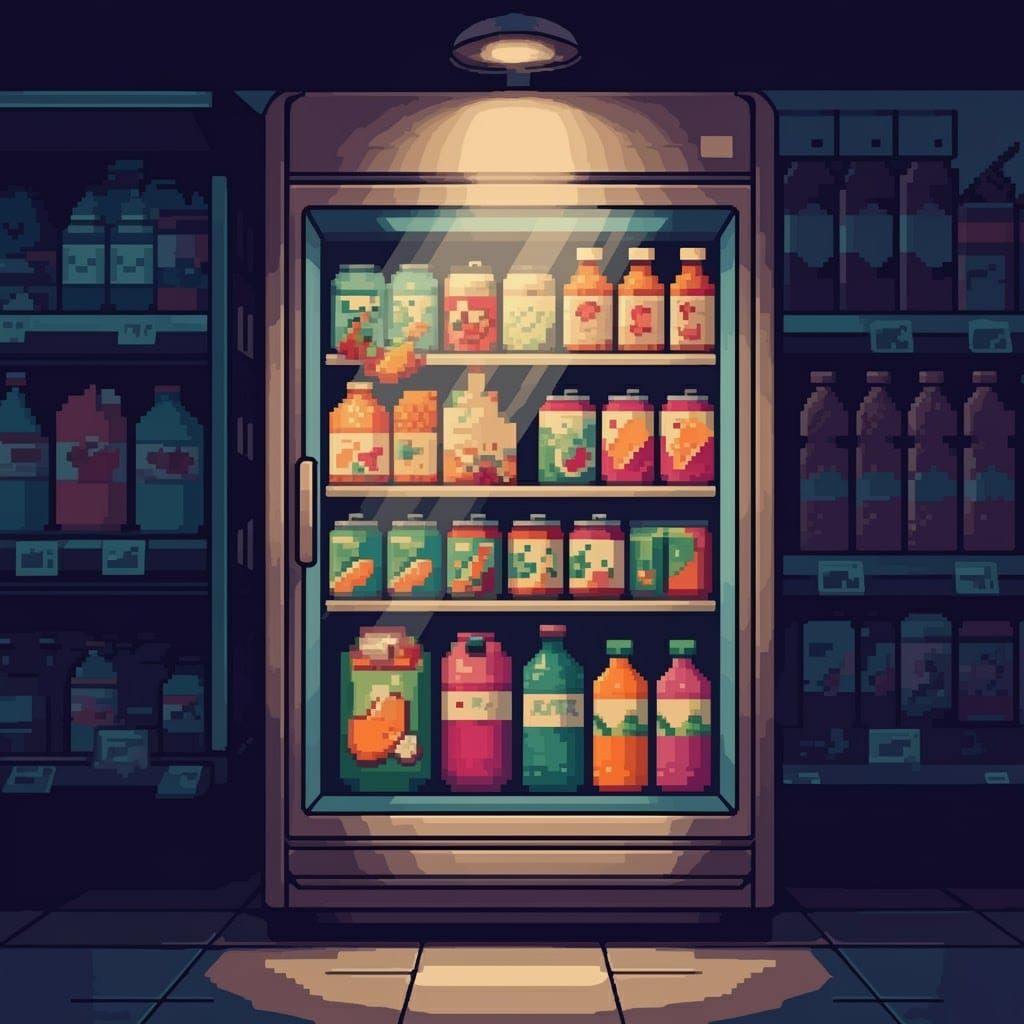 Pixel Art Supermarket Fridge with Colorful Juices