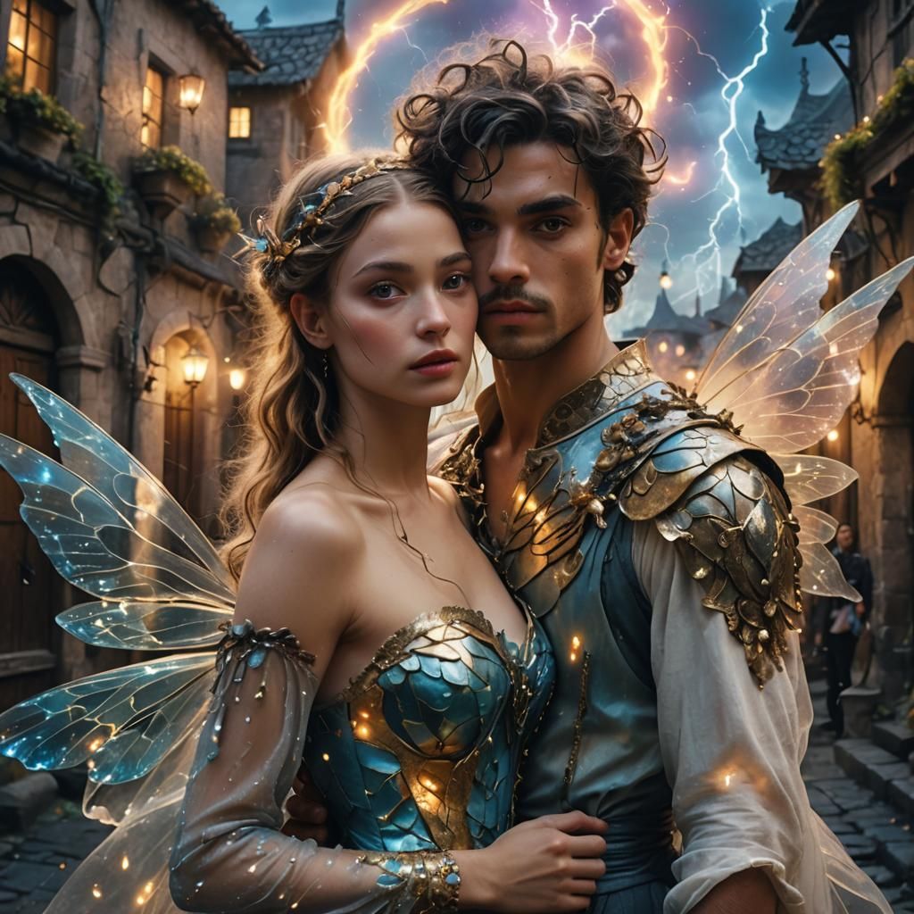 Intimated pose connection,  fairies prince and thunder fairies with lighting around her body in fairy village showing sh...