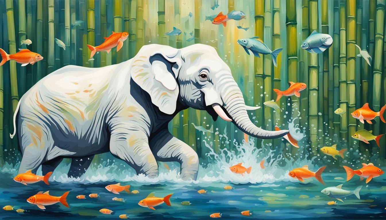Whimsical Impressionist Elephant with Fish and Bamboo