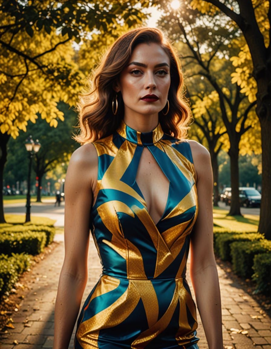 Confident Woman Posing in Park: Glamour Photography