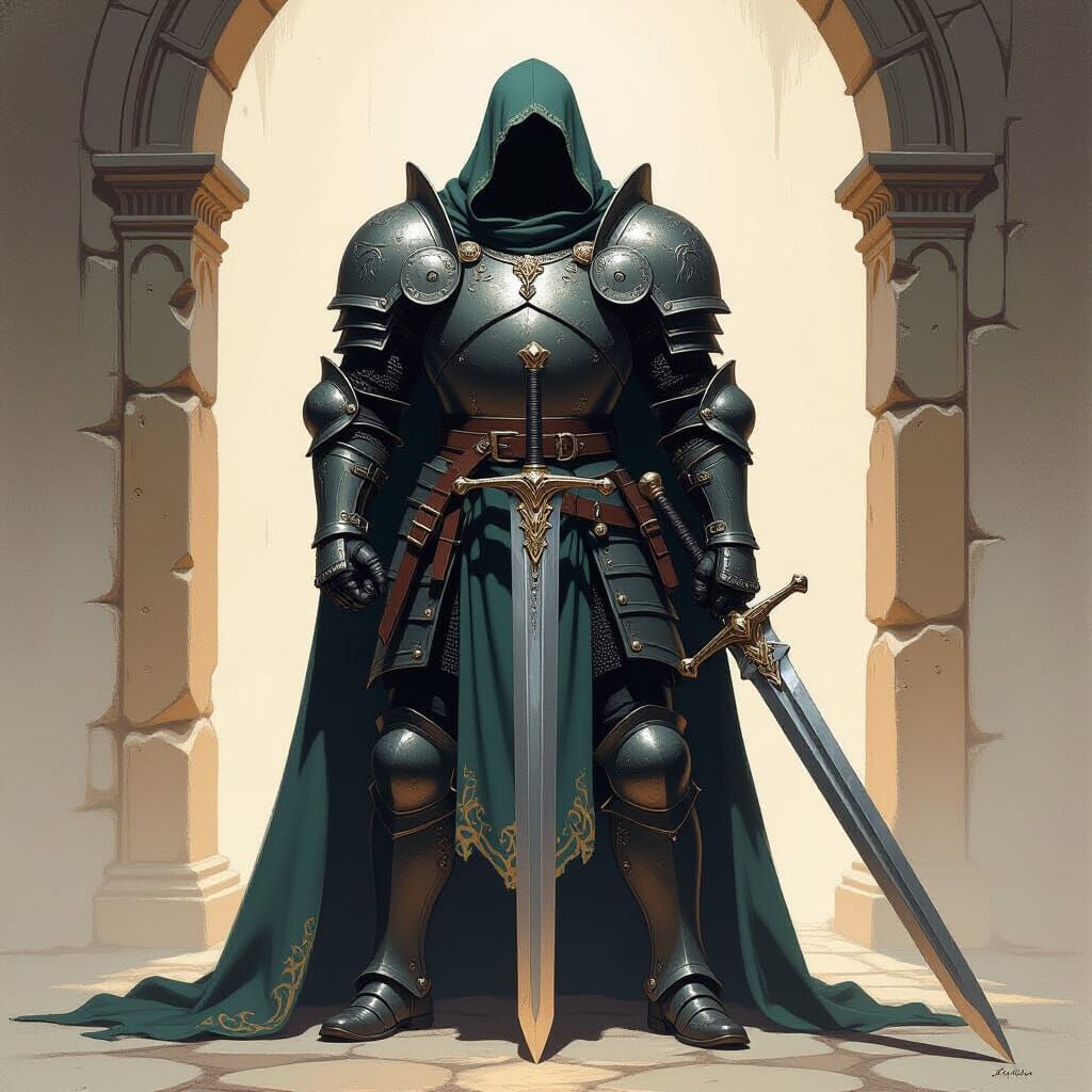 Armored Figure with Sword in Dramatic Lighting