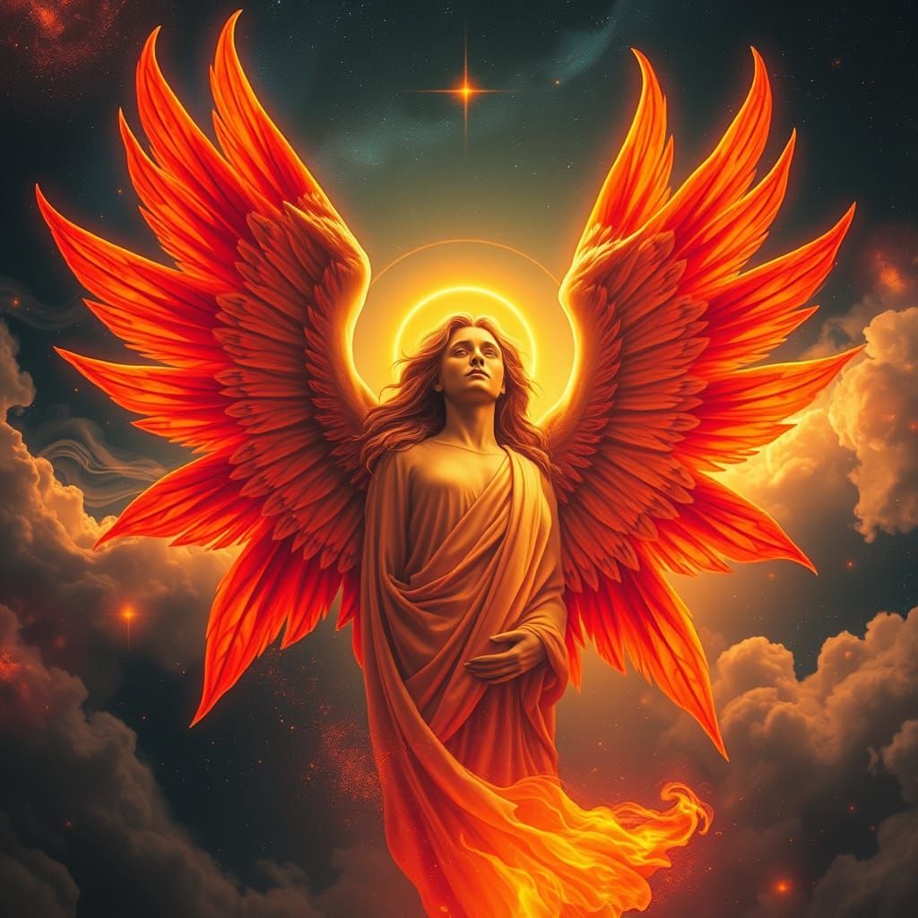 Golden Seraphim Angel Amidst Cosmic Nebulae