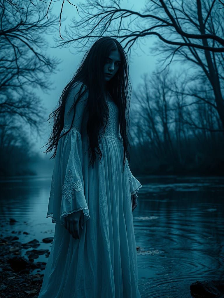 La Llorona Dressed in White, Searching the River in a Grippi...