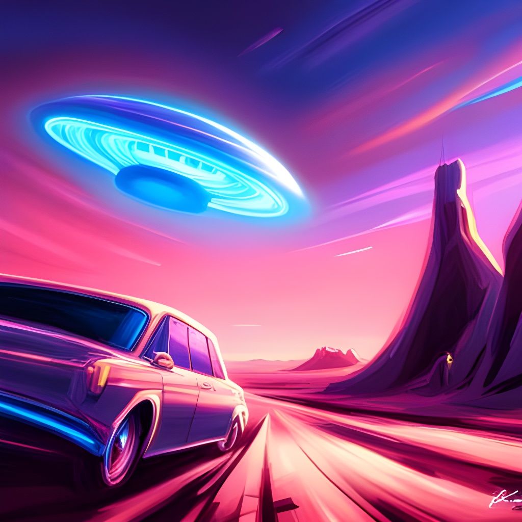 UFO over Desert Car in Comic Horror Art
