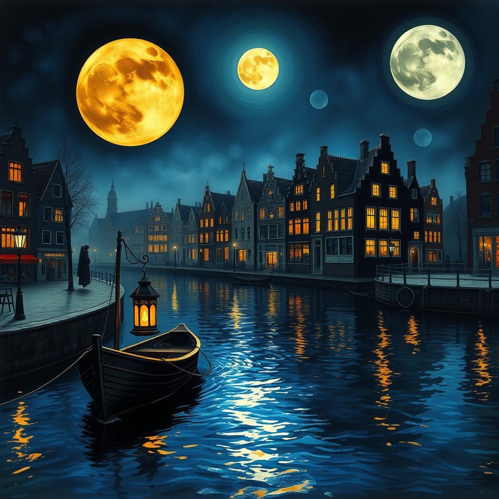 Surreal Nighttime Canal Scene with Melting Gothic Houses