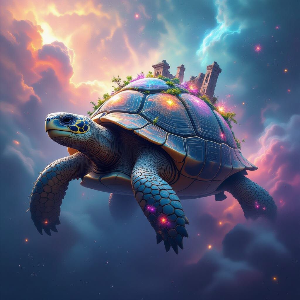 Cosmic Turtle Drifting Through Nebula, Hyperrealistic Style