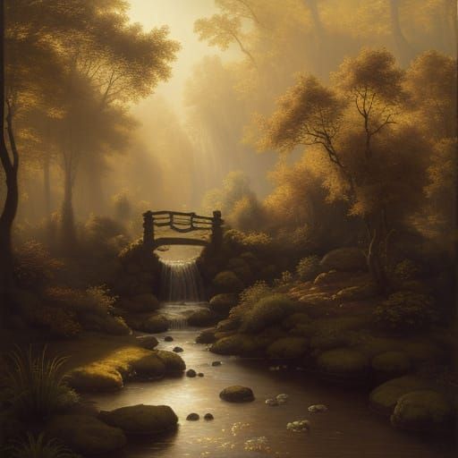 Baroque Waterfall Landscape in Golden Light