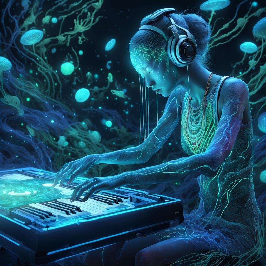 Cybernetic DJ in Bioluminescent Glade