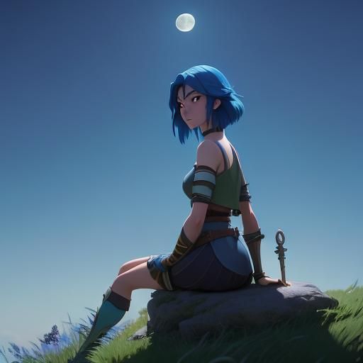 Blue-Haired Warrior Girl Admiring Moon: Ghibli-esque Anime