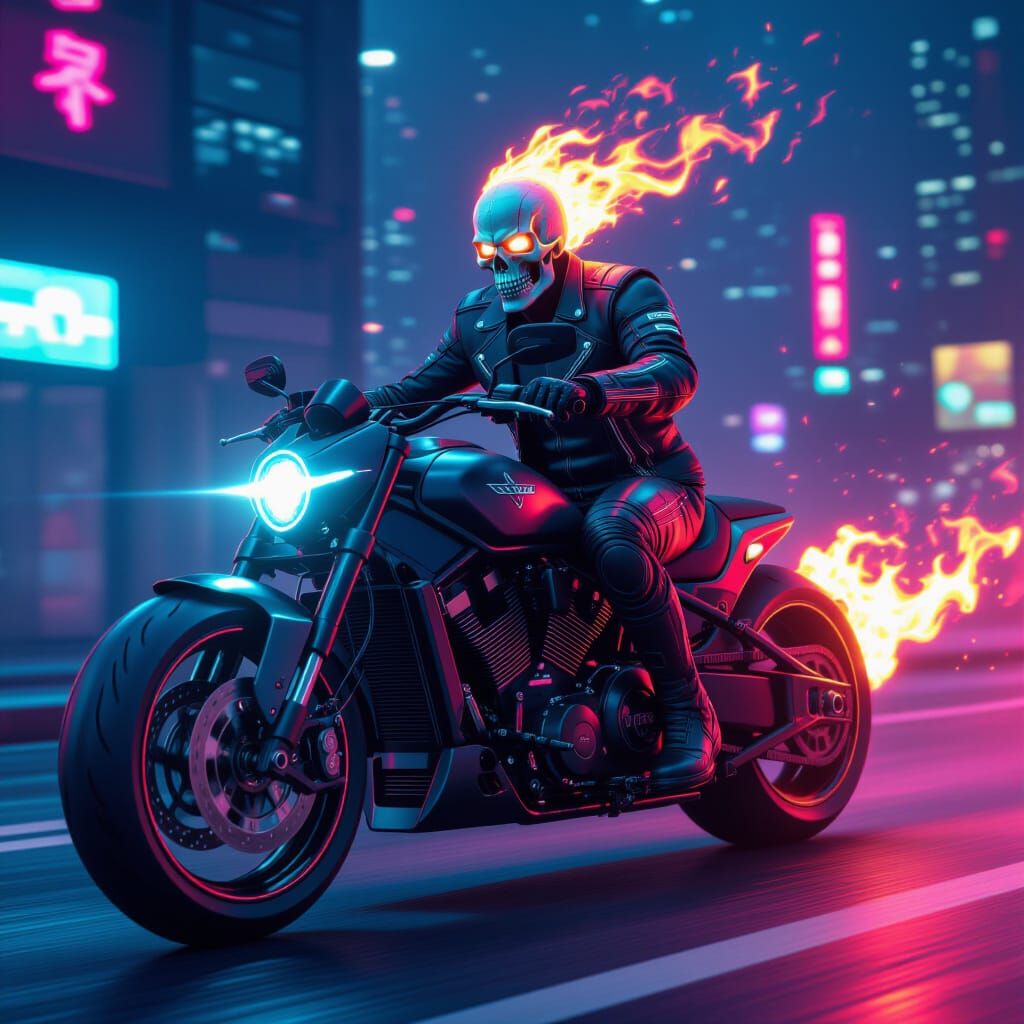 Cyberpunk Ghost Rider on Futuristic Motorcycle