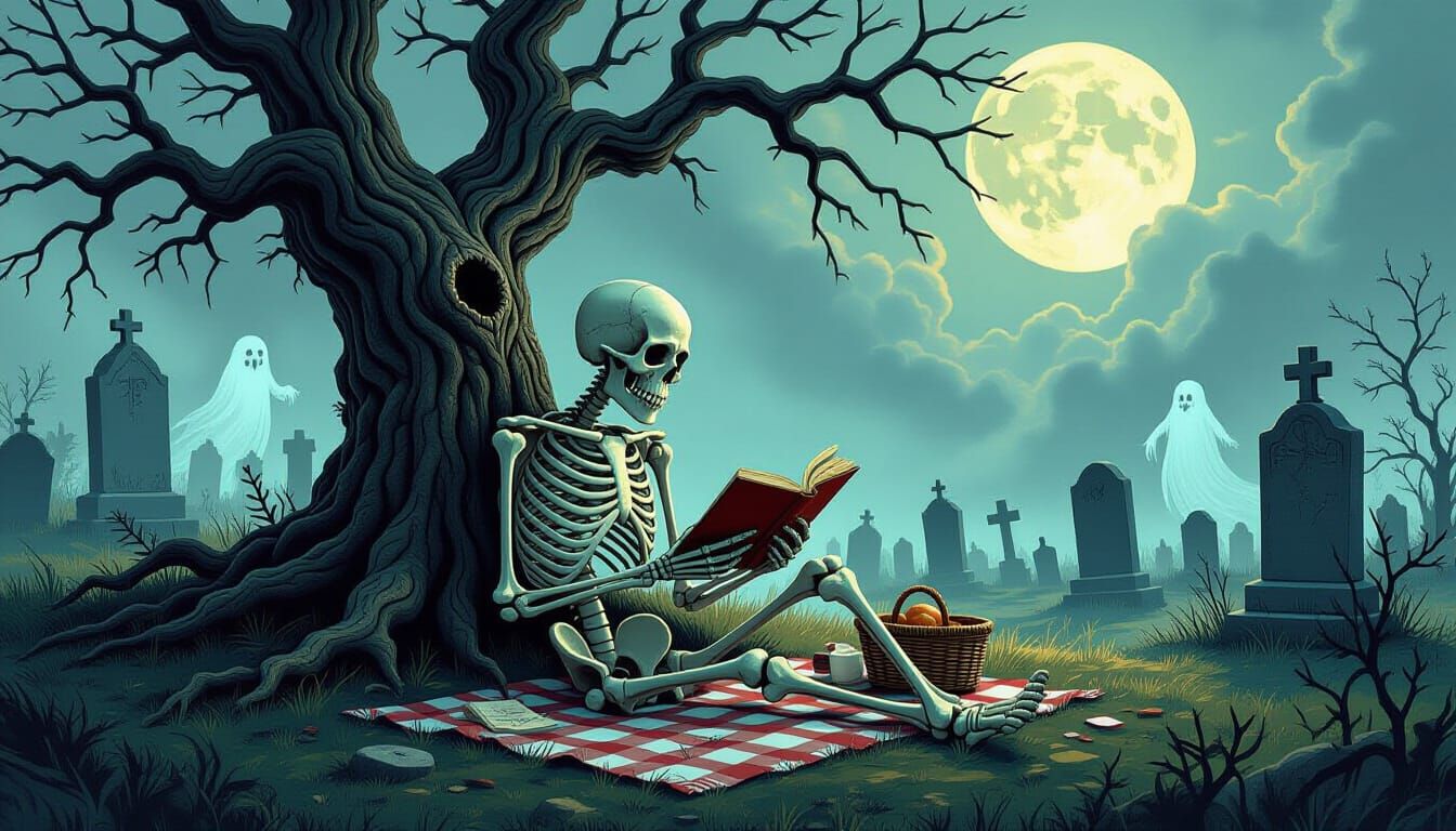 Macabre Skeleton Enjoys Picnic in Haunted Cemetery